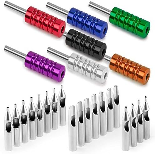ACE Needles 21 Stainless Steel Tattoo Tips Set with 7 Aluminum Ribbed Grips by Rehab Ink
