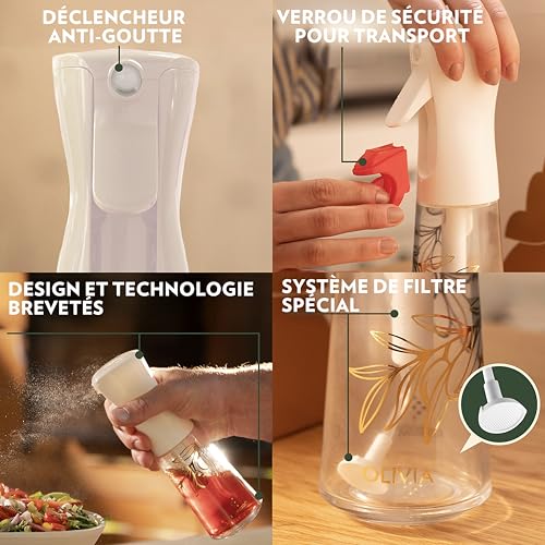 FLAIROSOL OLIVIA Glass Oil Spray Bottle 200ml - Continuous Spray Technology with Portion Control - Versatile for Kitchen, Salads, Barbecues, Vuisson, etc (Golden Leaves)