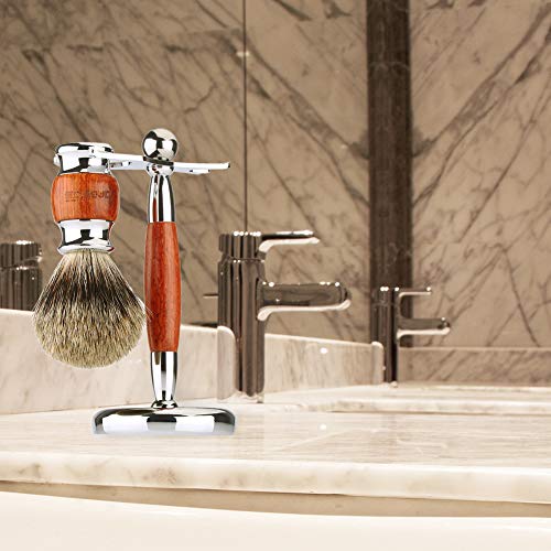 Shaving Brush and Stand, Anbbas Pure Badger Bristle Hair Shave Brush Wood & Alloy Long Hand and Chrome Shaving Stand Set for Double Edge Safety Razor Traditional Shaving Razor Women Men