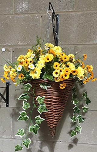 Eternal Bloom Imitation Flowers Hanging Cone/Outdoor, Yellow Mix, Basket and Bark