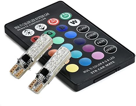 2pcs w5w LED Atmosphere lights T10 RGB 6SMD 5050 LED Bulbs with Remote Controller RGBW 501 194 168 6SMD 5050 Silicone Strobe lights Car Wedge Side Light 12V (Pack of 2)