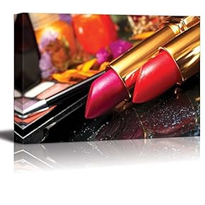 Canvas Prints Wall Art - Variety of Makeup and Close Up of Pink and Red Lipstick | Modern Wall Decor/Home Decoration Stretched Gallery Canvas Wrap Giclee Print. Ready to Hang -12" x 18"