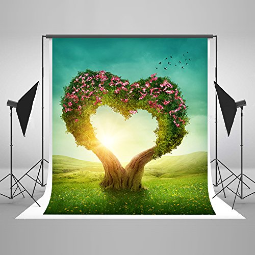 5x7ft Cotton Polyester Sunshine Grassland Heart Tree Wedding Decorations Photo Backdrop Seamless Folding and Washable No Creases Photography Studio Background
