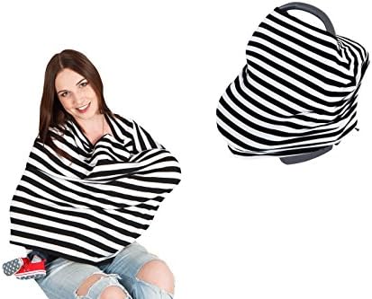 Nikitony Stretchy Multi-Use Car Seat Canopy - Nursing Cover - Shopping Cart Cover - Unisex And Universal Fit - Black and White Stripes
