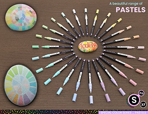 TOOLI-ART 24 acrylic pastel paint markers with extra fine 0.7mm tip for painting on rock, glass, wood, metal, canvas, details, non-toxic, quick drying.