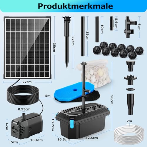 POPOSOAP 20W Solar Pond Filter with Fountain Pump, Complete Pond Filtration Set and Solar Fountains for Small Garden Ponds, Aquariums and Water Games