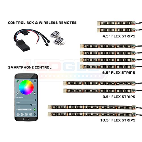 LEDGlow 10pc Advanced Million Color LED Flexible Motorcycle Lighting Strip Kit - Bluetooth-Connected Smartphone App - 102 LEDs - Waterproof Control Box - Dual Zone Control - 2 Wireless Remotes