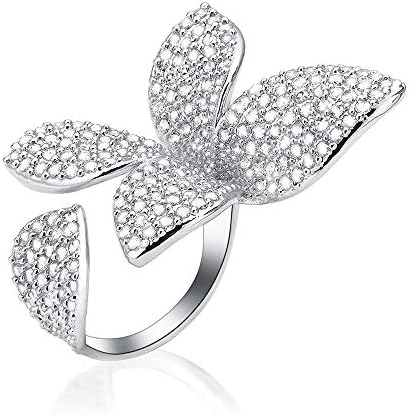 dnswez Two Finger Ring Flower Open Cubic Zirconia Sparkly CZ Silver Cluster Cocktails Enage Butterfly Statement Rings for Women Girl Adjustable Size 7-9