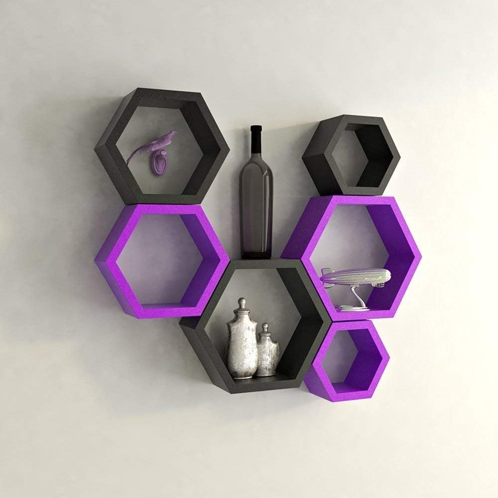 Artesia Wooden Decorative Hexagon Shape Wall Shelf Set of 6 (Purple & Black)