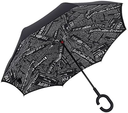 Double Layer Reverse Umbrella Open/Close In The Narrowest Space Creative Graphic Windproof Car Umbrella (black newspaper)