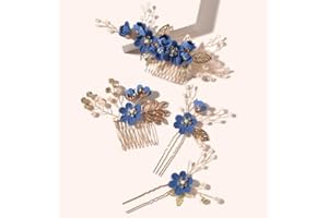 FRIUSATE 4 Pcs Blue Wedding Hair Clip Comb Handmade Bridal Hair Pins Clips Wedding Bridal Blue Hair Accessories Clip Pearl Floral Leaf Hair Piece for Wedding Bride Accessories for Women Wedding