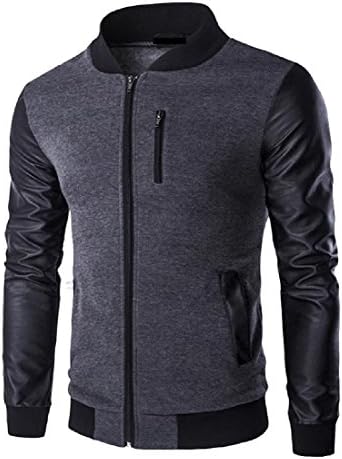 ColourfulMen Colourful Mens Stand Collar Full-Zip Faux Leather Stitching Baseball Jacket Dark Grey XL
