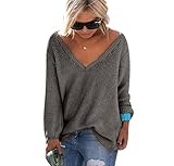 Women's Oversized Baggy Knit V-Neck Pullover Loose Sweater Jumper Dark Grey L