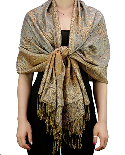 NYFASHION101 Large Soft Double Layer Jacquard Paisley Print Scarf Shawl Wrap - Light Grey