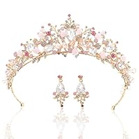 Yean Gold Wedding Crown Bridal Tiaras with Earrings Pink Purple Headband for Women and Girls (Pink)