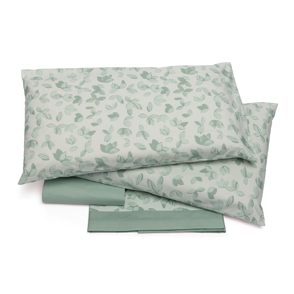 Foppapedretti Notte & Natura 2P Double Bed Set, Top Sheet, Fitted Sheet and 2 Pillowcases; Sage Leaves 100% Cotton, Made in Italy