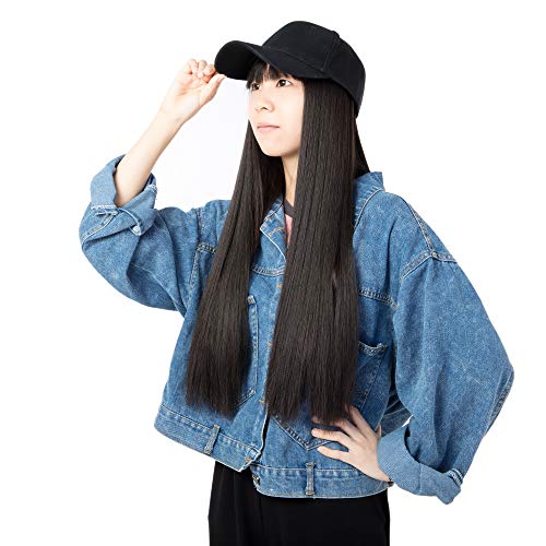22″ Detachable Baseball Cap With Synthetic Hair Extensions Long Straight Hairpiece Wig with Adjustable Black Baseball Hat