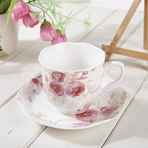 Bone China Tea Cups Coffee Cups and Saucers Sets of 2 Rose Painting Pattern Espresso Cups 7oz - Thumbnail 3