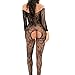 QueensHot Sleeved Sheer Lingerie Babydoll Crotchless Teddy Nightie Leotard Body Suit Stocking,Black Flower,Large