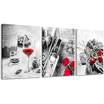 Canvas Wall Art Decor Wine Painting Artwork Poster Red Wine In Cups With Ice Rose Black White Canvas Wall Art Print Framed Pictures Red Rose Poster Giclee For Kitchen Bar Home Decorations 3 Piece