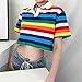 Women Rainbow Stripes Printed T-Shirt Korean Style Turn-Down Collar Crop Tops (L)