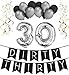 30th Birthday Party Pack - Black & Silver Happy Birthday Bunting, Poms, and Swirls Pack- Birthday Decorations - 30th Birthday Party Supplies