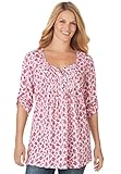 Women's Plus Size Tunic Top With Graduated Pleats, Floral Print, Henley Neck