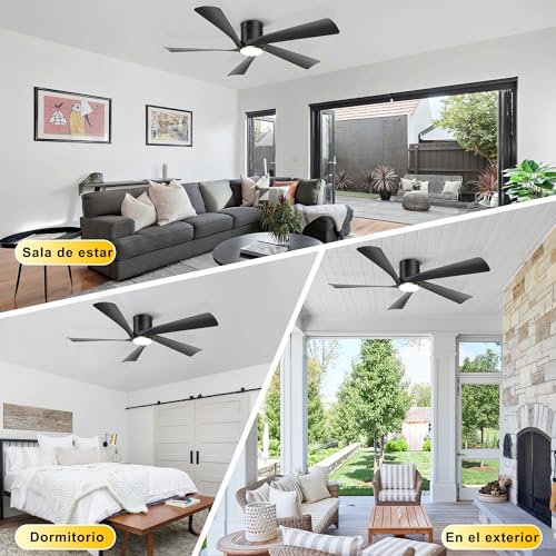 Ohniyou Ventilador de Techo de 52" con Luces LED, Mando a Distancia y Control APP, Ventiladores de Techo de Exterior de Montaje Empotrado, Luz Regulable, Motor DC Silencioso, Reversible, Negro