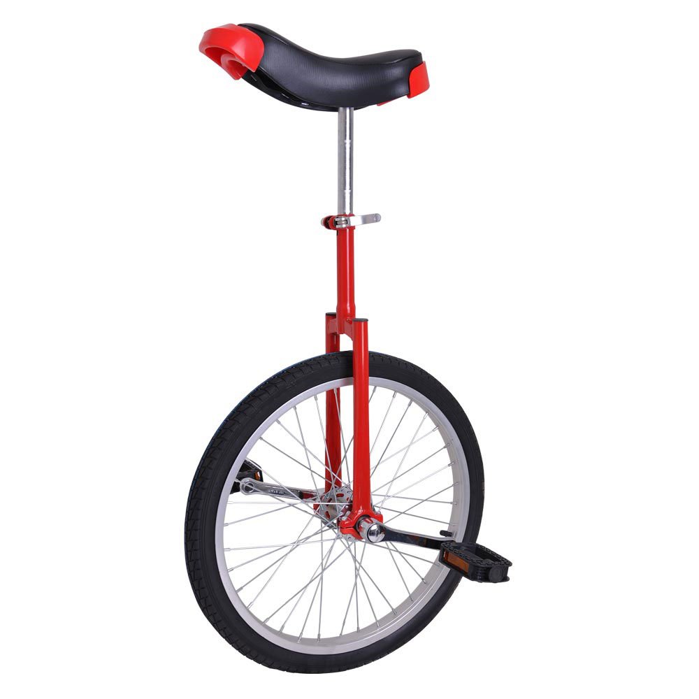 Image shows a red unicycle with a black and red seat.
