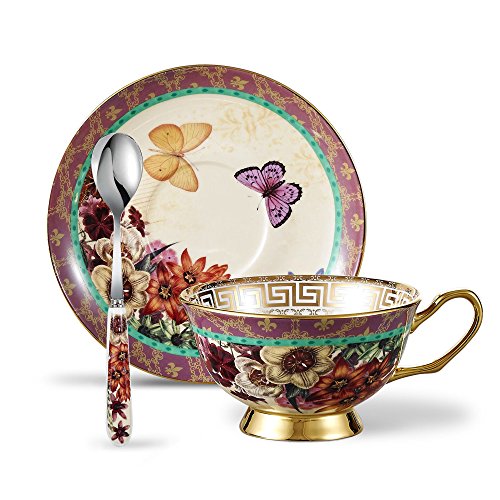 Panbado 3-Piece Bone China Tea Cup Saucer Set With Spoon Porcelain Gold Rimmed Teacup Coffee Set, Butterfly And Flower, 200 mL/6.8 oz., Multi-Color