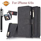 iPhone 6S Case, iPhone 6 Case, CaseUp 12 Card Slot Series - [Zipper Cash Storage] Premium Flip PU Leather Wallet Case Cover With Detachable Magnetic Hard Case For iPhone 6S/6 (4.7 Inch), Black