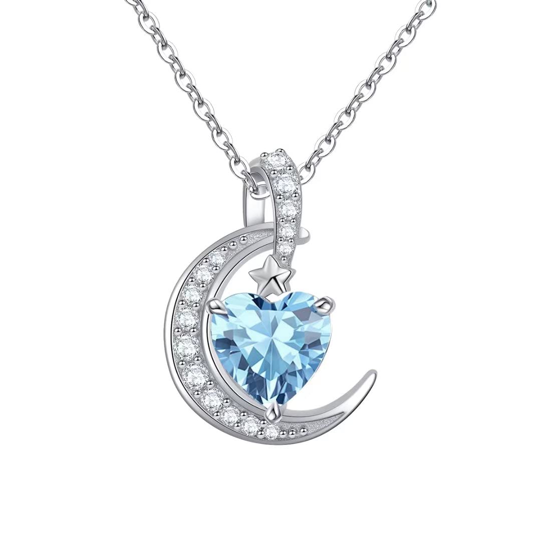 Qings Crescent Moon Birthstone Necklace - March Aquamarine Heart Blue Necklaces Sterling Silver Dainty CZ Birthday Gifts for Women Grandmother