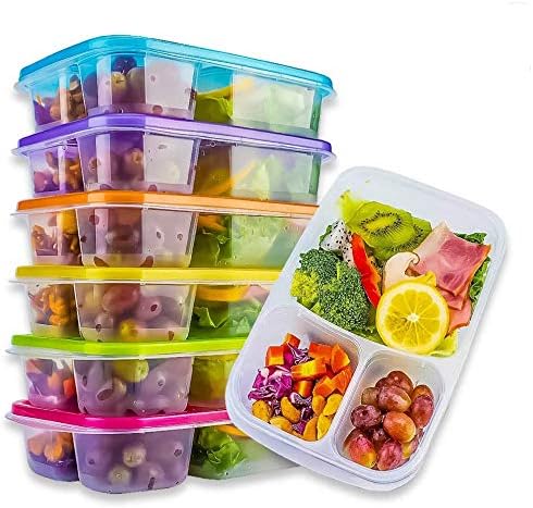 Yelocota Meal Prep Containers,Bento Lunch Box,Reusable 3-Compartment Easy Open Safe Plastic Divided Food Storage Container Boxes for Kids Children Adults,Microwave,Dishwasher and Freezer(6 Pcs)