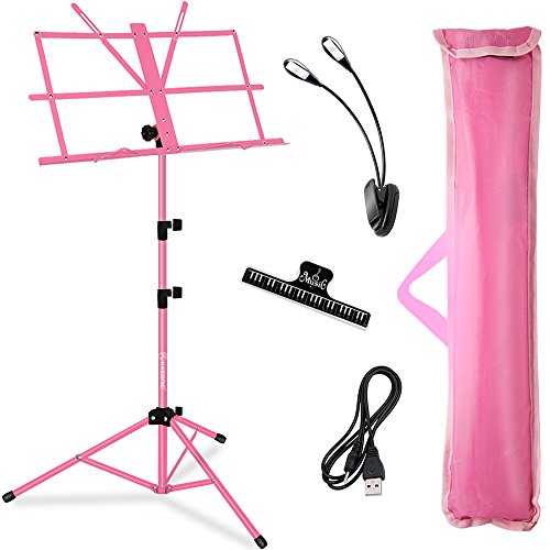 Music Stand, Kasonic Professional Collapsible Orchestra Portable and Lightweight with LED light, Music Sheet Clip Holder and Carrying Bag Suitable for Instrumental Performance (Pink)