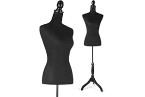 DRDINGRUI Black Dress Form Mannequin, 52''-67'' Height Adjustable Female Manikin Torso Stand, Female Mannequin Torso Dress Form with Wooden Tripod Base Stand and Detachable Iron Bracket