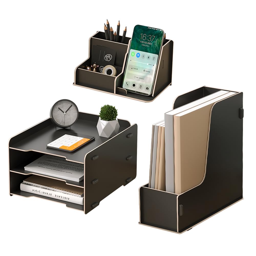 NUODWELL Wooden Desk Tidy Organiser Set -3 Tier Paper Letter Tray/A4 File Document Holder/Pen Holder, Desktop Organizer and Storage for Office Supplies (Black)