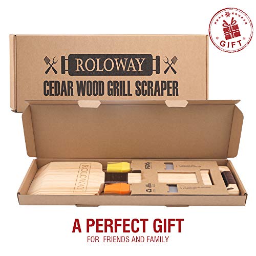 ROLOWAY Cedar Wood Grill Scraper, Wooden Grill Cleaner Scraper, Grill Brush Wood BBQ Scraper, Natural/Safe/Bristle-Free Wooden Barbecue Grill Grate Cleaner with Gift Box & 2 Basting Brushes