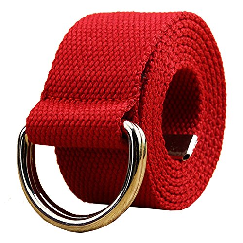 Canvas Web Belt Double D-ring Buckle 1 1/2 Inch Wide 54 Inch Long with Metal Tip Solid Color Red