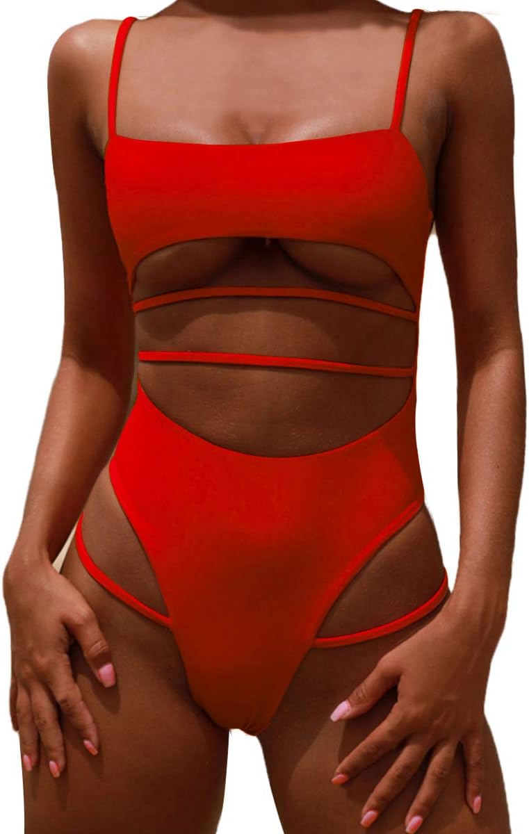 Womens One Piece Swimsuits Push up Strappy High Cut High Waisted Cheeky Bathing Suit Swimwear