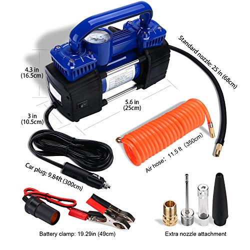 HONGNAL Portable Air Compressor Tire Inflator, 150PSI Car Air Pump Compressor with 4 Nozzle Attachments,LED Light,Air Hose,Battery Clamp,DC 12V for Pumping Car Tires, Bicycles, Trucks & Inflatables
