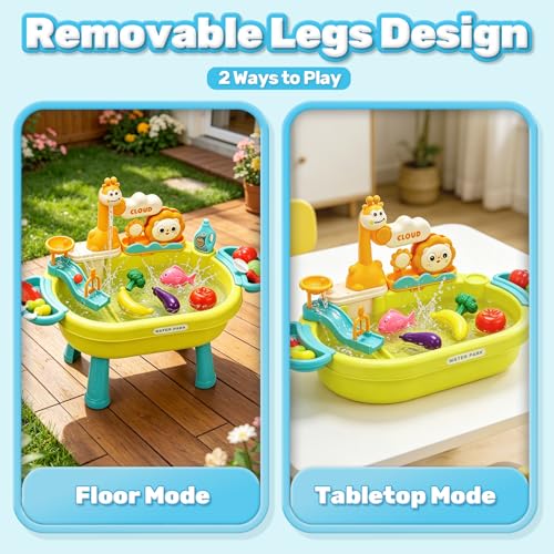 CUTE STONE Water Table, Play Sink with Running Water, Kitchen Pretend Play Set with Play Food & Tableware, Summer Outdoor Sensory Water Toy, Gift for Toddlers, Boys & Girls