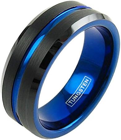 Black Tungsten Ring Thin Blue Line with Blue Interior Size 5-15 (tungsten (8mm), 14)