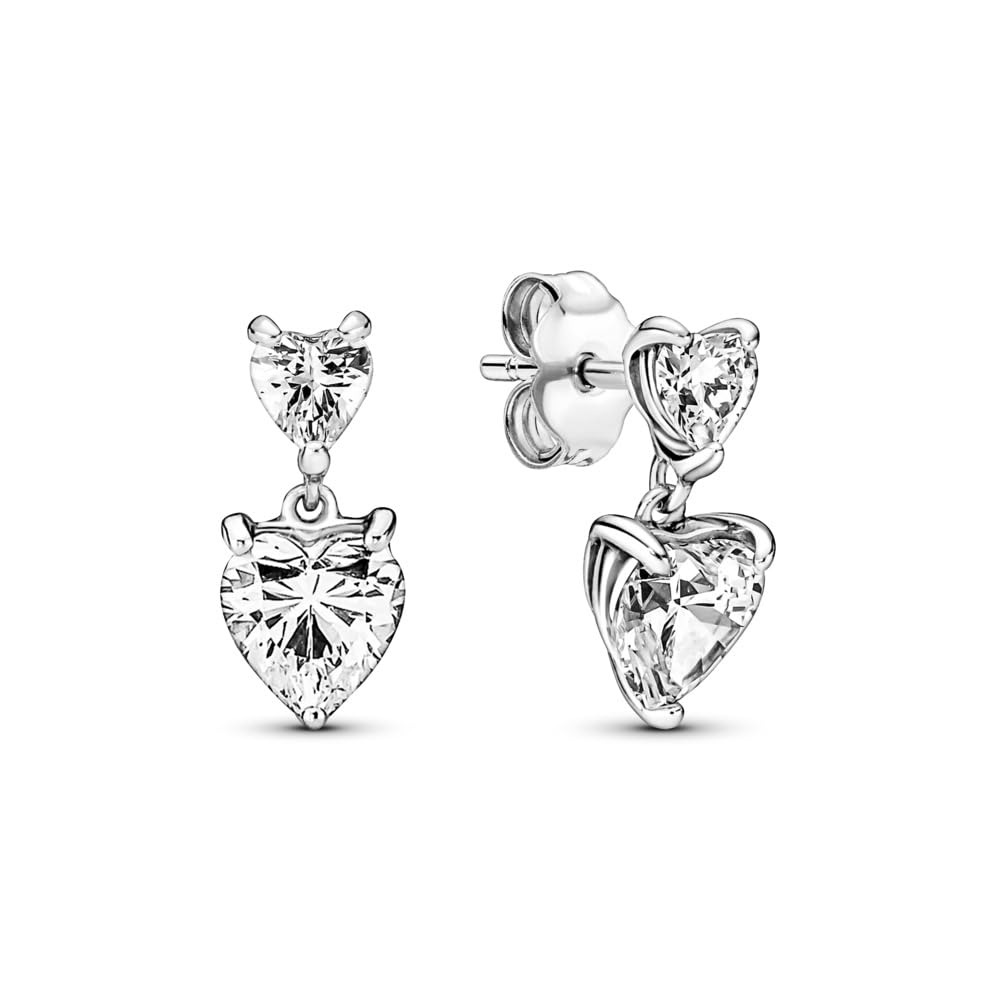 Pandora Double Heart Sparkling Stud Earrings - Sterling Silver & Cubic Zirconia Earrings - Gift for Her - No Box