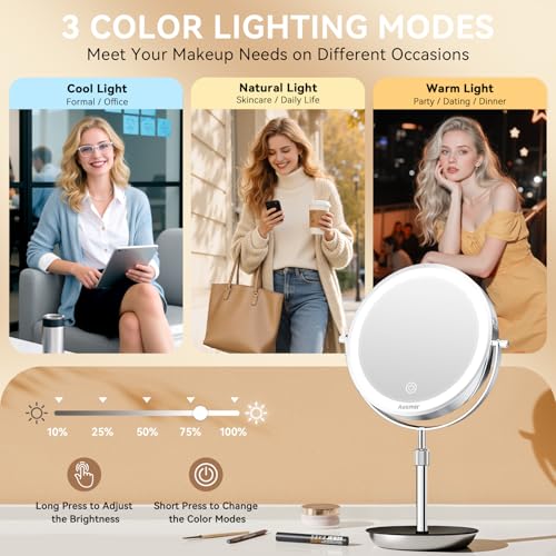 Auxmir 1X/30X Magnifying Mirror with Light, 9” Adjustable Height Makeup Mirror, Rechargeable Lighted Mirror with 3 Color Modes & Dimmable, Double Sided Vanity Mirror for Shaving, Tweezing