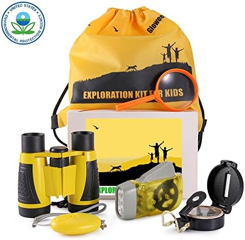Outdoor Exploration Kit,Gloween Adventure Set for Kids - 6 PCS | Children Binoculars,Personal Safety Alarm,Compass,Magnifying Glass,Flashlight,Portable Bag,Perfect Exploration Kit for Outdoor Activity