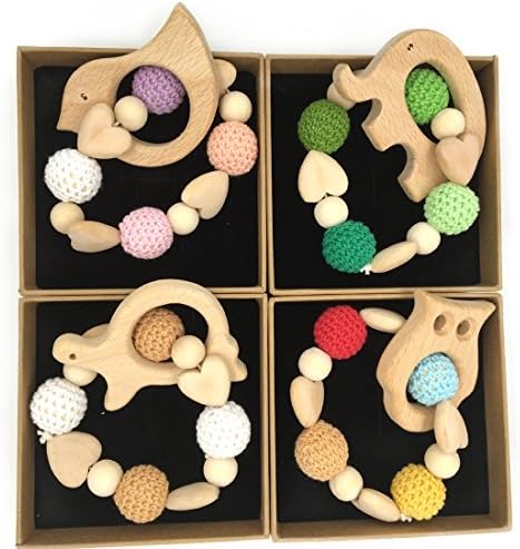 Amyster 4Pcs Heart Wooden Crochet Holder Baby Bird Elephant Penguin Owl Tortoise Teething Shower Dummy Chain Teether Baby Bracelet Rattle