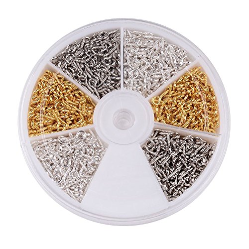 Kissity 1 Box Three Colors Iron Screw Eye Pins Bail Peg Set For Half-drilled Beads 10x4x1mm Pack of about 600pcs