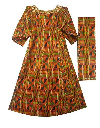 Decoraapparel Women African Dress S, M, L, XL 1X 2X 3X Traditional Dashiki Maxi Caftan Cotton Kaftan (Size L= 42" Around, Gold Green P03)