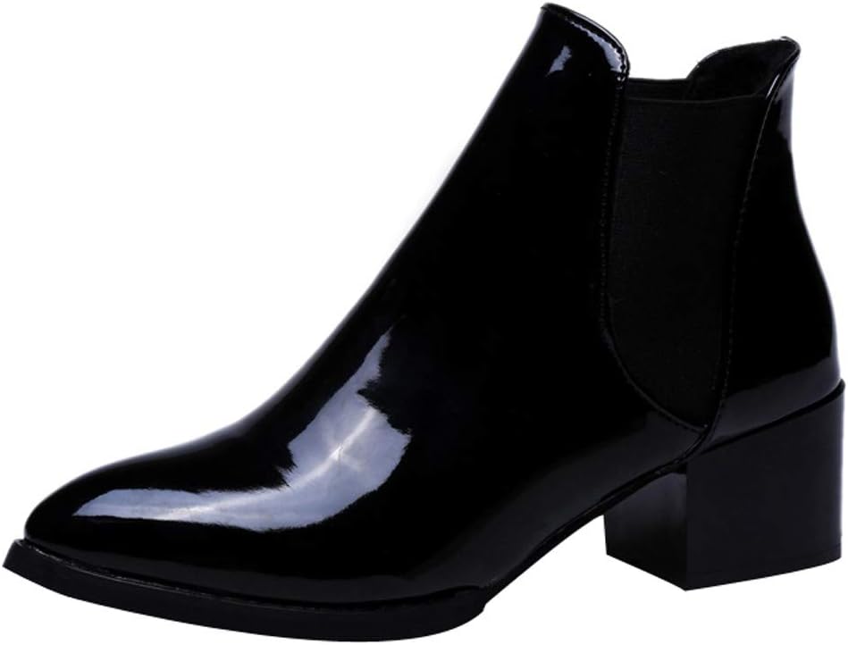 VEMOW Chelsea Ankle Boots, LadiesElasticated Boots Faux Leather Patent Boots Black Brown with Pull On Elasticated Tab Low Block Flat Heel Rounded Toe School Work