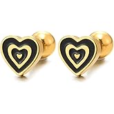 Womens Stainless Steel Small Gold Color Swirl Heart Stud Earrings with Black Enamel, Screw Back 2Pcs